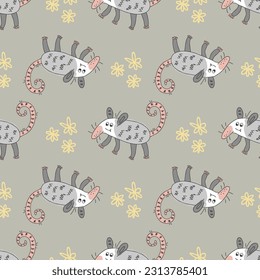 Summer seamless pattern with opossums and daisy flowers. Perfect print for tee, textile and fabric. Doodle vector illustration for decor and design.


