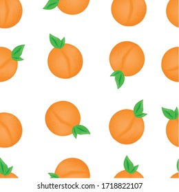 Summer seamless pattern. Orange juicy apricots with petals in a repeating pattern on a white background. Suitable for printing wrapping paper or textiles.