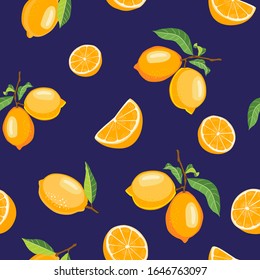 Summer seamless pattern with oranges. Vector orange fruits, leaves with branches and flowers on dark blue background. Can be used wrapping paper, fabric, wallpaper, background design.