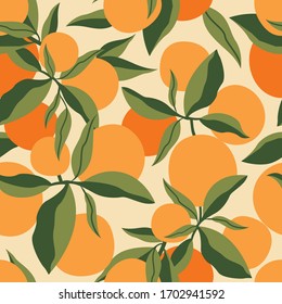 Summer seamless pattern with oranges.Tropical vector background with citrus fruits.Textile texture with orange branch