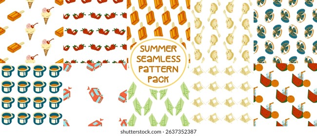 Summer Seamless Pattern Pack Collection. Set of 10 seamless cartoon-style patterns with summer-themed objects: ice cream, fruits, drinks, tent, guitar, fan, mugs, camper, surfboard.