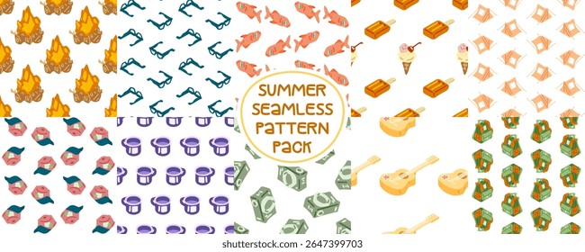 Summer Seamless Pattern Pack. Pack of seamless summer patterns with campfires, sunglasses, fish, tents, backpacks, guitars, ice cream, mugs, hats and money. Flat cartoon style, bright colorful design 