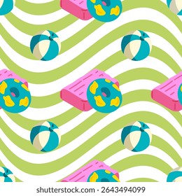 Summer Seamless Pattern Pack. Set of 10 seamless summer patterns with food, drinks, camping gear, hats, tents, fans, and more. Flat cartoon style in bright seasonal colors.