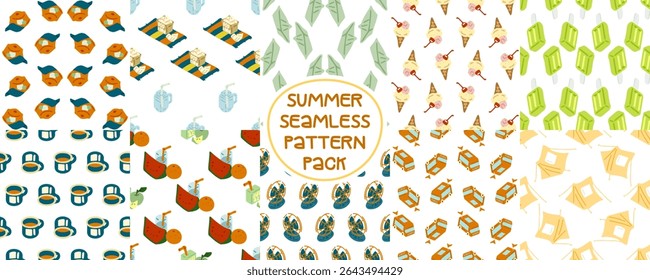 Summer Seamless Pattern Pack. Set of 10 seamless summer patterns with food, drinks, camping gear, hats, tents, fans, and more. Flat cartoon style in bright seasonal colors.