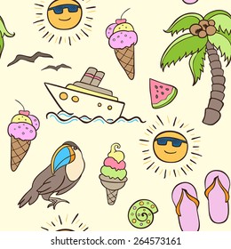 Summer seamless pattern with palm and boat