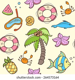 Summer seamless pattern with palm, fish and lifebuoy