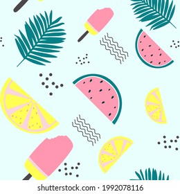 Summer seamless pattern. With palm leaves, watermelon, lemon and ice cream. Vector
