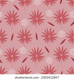 Patrón veraniego sin costuras con hojas de palma y puntos sobre fondo rosado. Ideal para tapicería, papel de regalo, tarjetas de felicitación de temporada. Ilustración del vector