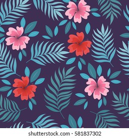 Summer Seamless Pattern With Palm Leaves And Tropical Flowers. Hawaiian Motifs. Perfect For Wallpapers, Wrapping Papers, Textile, Pattern Fills, Gift Paper, Summer Greeting Cards. Vector Illustration