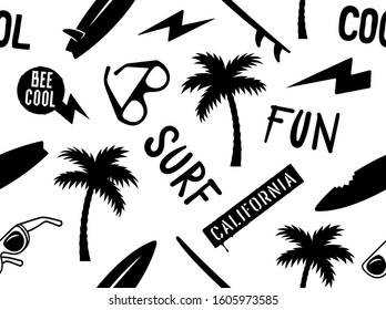 Summer seamless pattern with palm tree, surfboard, sunglasses and handmade inscriptions. Surfing vector print. Hand drawn vector illustration on the theme of surfing and summer vacation