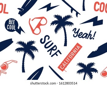 Summer seamless pattern with palm tree, surfboard, sunglasses and handmade inscriptions. Surfing vector print. Hand drawn vector illustration on the theme of surfing and summer vacation