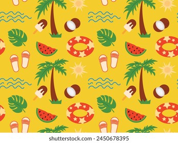 Summer seamless pattern with palm tree, coconut, ice cream, watermelon and flip flops on a yellow background. Vector illustration for textile print, wrapping paper, wallpaper, t-shirts Background with