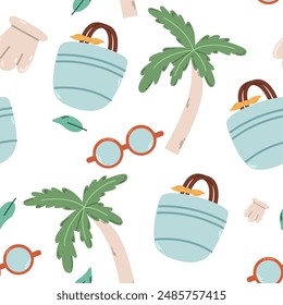 Summer seamless pattern with palm tree, sunglasses and beach bag. Flying background for congratulations, invitations, wrapping paper production, textiles and web design.