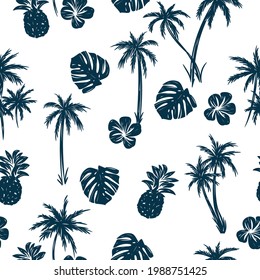 Summer seamless pattern.
Palm tree,pineapple,flower,tropical leaves drawing.Tropical t-shirt design.Vector illustration design for fashion fabrics, textile graphics, print.