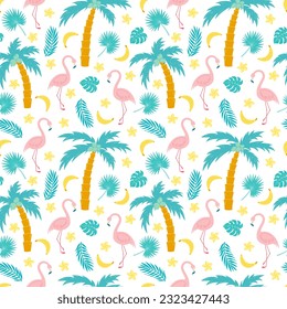 Summer seamless pattern with palm trees, flamingos and tropical flowers and fruit. Cute tropical surface design for wrapping paper, scrapbooking, textile, fabric and prints.