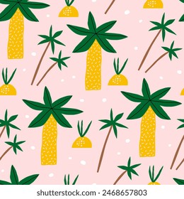 Summer seamless pattern with palm trees. Hand drawn Beach background design.