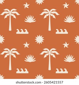 Summer seamless pattern with palm trees, sun, waves, starfish. Boho seamless pattern. Background design. Repeating print for fabric, wrapping paper, textile, wallpaper