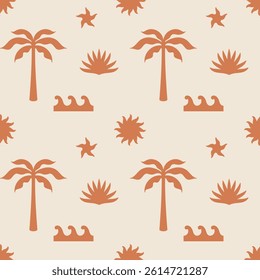 Summer seamless pattern with palm trees, sun, waves, starfish. Boho seamless pattern. Background design. Repeating print for fabric, wrapping paper, textile, wallpaper