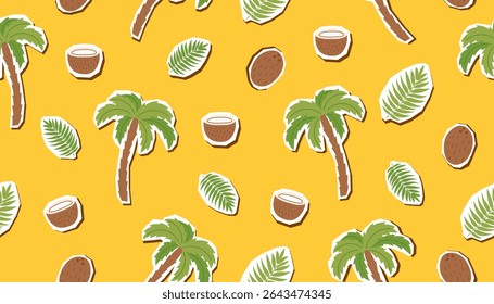 Verão padrão sem costura de palmeiras e cocos no fundo amarelo. Conceito de viagem, férias, verão, clima tropical, descanso. Banner vetorial em estilo plano.