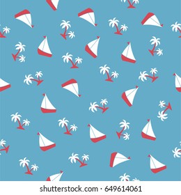 Summer seamless pattern with palms and boats