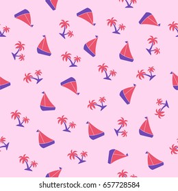 Summer seamless pattern with palms and boats