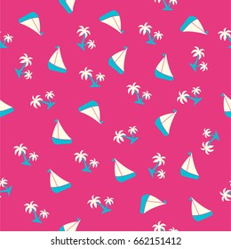 Summer seamless pattern with palms and boats