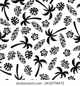 Summer seamless pattern. Palms, flowers and surfboard