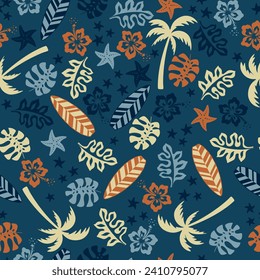 Summer seamless pattern. Palms, flowers, leaves, surfboards and starfish