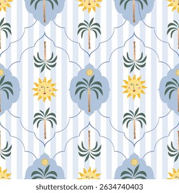 Summer seamless pattern with palms and sun, whimsical wallpaper, striped background in retro style