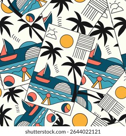 Summer seamless pattern with palms, yacht, sea and sun, design elements. Summer pattern for invitations, cards, print, gift wrap, manufacturing, textile, fabric, wallpapers