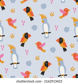 Summer seamless pattern with parrot, cockatoo, toucan, leaves, flowers on grey background. Perfect for greetings card, wallpaper, wrapping paper, fabric. Vector kids illustration