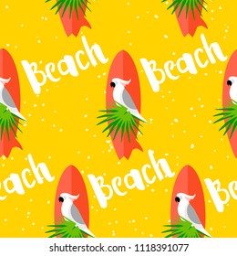 Summer seamless pattern with parrot, surfboard, palm leaves and text on yellow background. Flat design. Vector card.