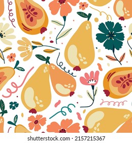 Summer seamless pattern with pears and flowers.Vector fruits background.Floral pattern with pears.Textile texture with fruits.Summer fabric with flowers and pears