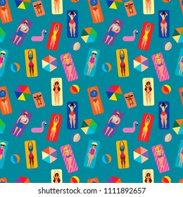 Summer seamless pattern with people on the beach.Summer time vacation, women sunbathing in bikini.