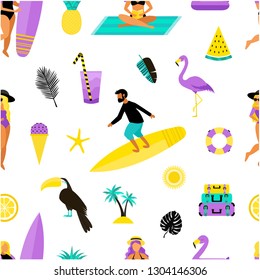 Summer. Seamless pattern with people. Surfing, beach rest, summer fun. 