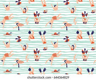Summer seamless pattern. People swimming in the sea. Vector illustration with swimmers.