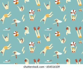 Summer seamless pattern. People swimming in the sea. Vector illustration with swimmers.