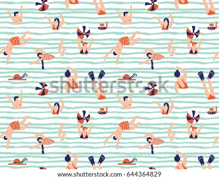 Summer seamless pattern. People swimming in the sea. Vector