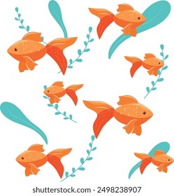 Summer seamless pattern is perfect for those who love the ocean, sun and freedom of the summer season. The star of the show is the adorable goldfish swimming among the ocean waves and seaweed leaves. 