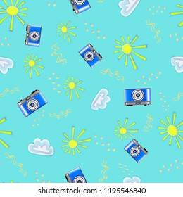 summer seamless pattern.  photo camera on bright colorful background