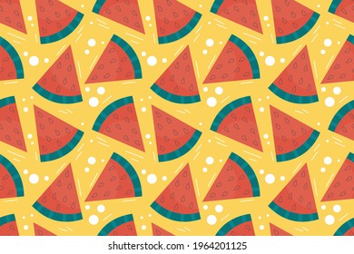 Summer seamless pattern with piece of watermelon on yellow background. Vector illustration in a flat linear style. Delicious summer refreshing dessert