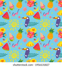 Summer seamless pattern. Pineapple, ice cream, watermelon, flower, toucan, sun hand drawn elements. Tropical print, holiday or vacation background vector. Fruit, plants and birds for wrapping paper
