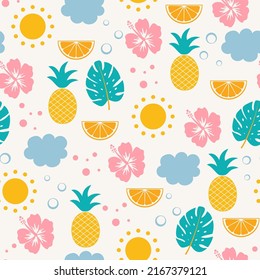 Summer seamless pattern with pineapple, tropical flower, monstera. Vector summer illustration. Cute design for fabric, paper, cover, interior decor and other users.