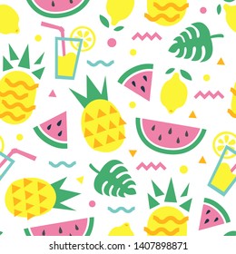 Summer seamless pattern with pineapple, watermelon slice, lemon, cocktail and monstera leaves. Fashion print design, vector background.