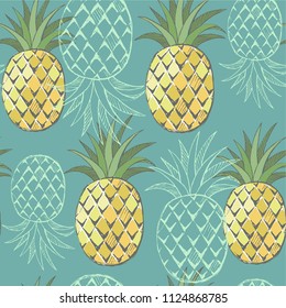 Summer seamless pattern with pineapples. Tropical fruit.