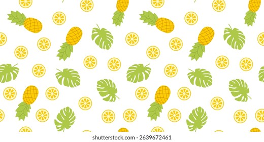 Summer Seamless pattern with pineapples and tropical leaves in flat style. Seasonal bright fruits and plants hand drawn for card banner print. Cute design for wrapping paper textile,summertime vibe