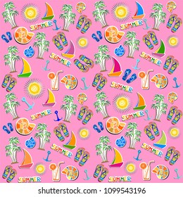 Summer seamless pattern. Pink summer background with flip-flops, sun, palm tree, cocktail, boat, anchor and shell. Vector illustration