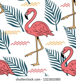 Summer seamless pattern with pink flamingo bird tropical leaves for embroidery on clothes textile print t shirt poster sweatshirt. Holiday summer chill time. Retro vintage illustration graphic design.