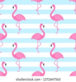 Summer seamless pattern with pink flamingo on striped background. Vector illustration