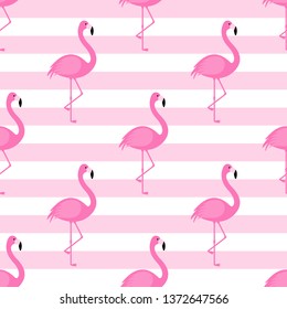 Summer seamless pattern with pink flamingo on striped background. Vector illustration